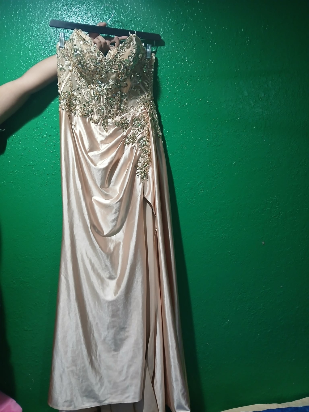 Strapless Champagne Prom Dress with Gold Embellished Bodice